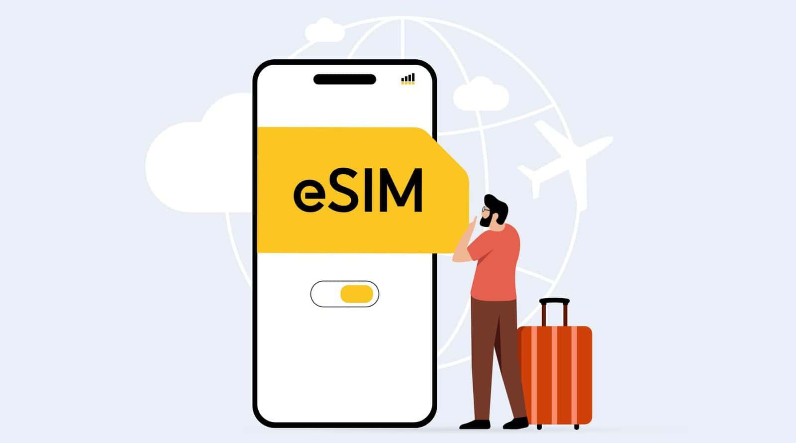 Traveler with a suitcase beside a phone showing an eSIM